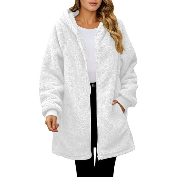 IWRICH Women's Zip up Jacket with Pockets Long Sherpa Hoodie Fuzzy Jackets Warm Comfy Coat White XXL