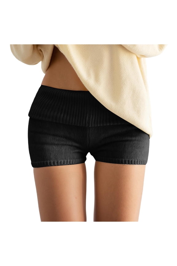 Women's Fold over Shorts Low Waist Stretch Mini Pants 20s Home Going out Bottoms Black M