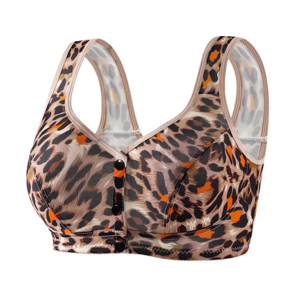 IWRICH Women's Front Closure Leopard Printed Bra Wireless V Neck Full Coverage Soft Support Bras for Everyday Comfort Orange M