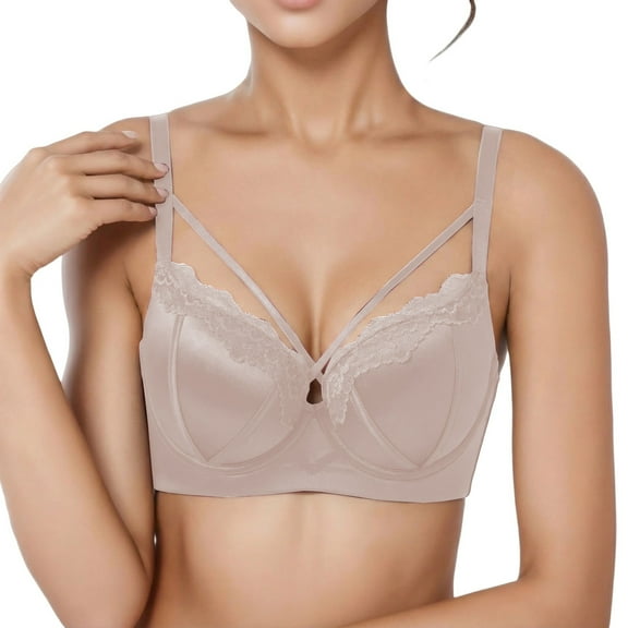 IWRICH Women's Front Closure Wireless Bras Push up Full Coverage Comfy Bra Lift Supportive Satin Lace Patchwork Bralettes for Daily Wear Pink XL