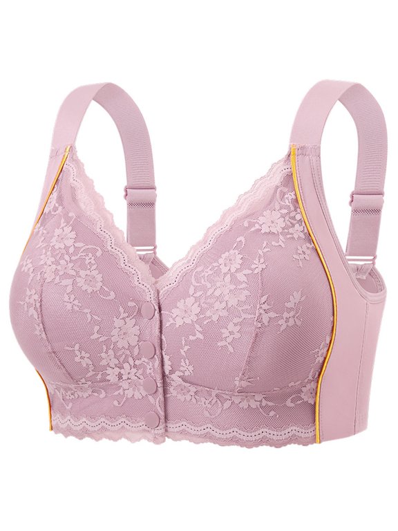 Women's Front Snap Closure Lace Bras for Senior Longline Lightweight Plus Size Bra V-Neck Adjustable Straps Bralettes Purple 46