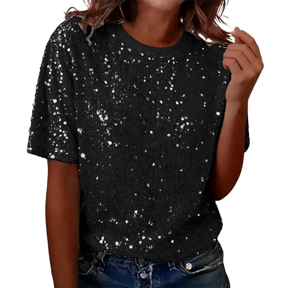 IWRICH Women's Full Sequin Sparkle Tops Shimmer Glitter Crew Neck Short Sleeve Shirts Disco Party Tee Shirts Tunic Blouse Black One Size