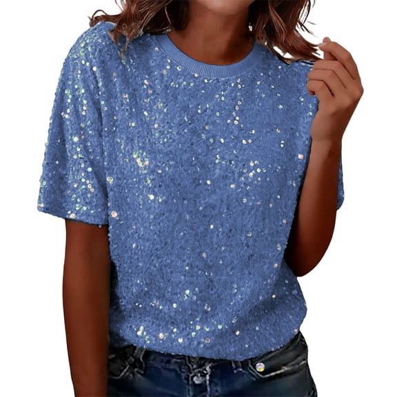 IWRICH Women's Full Sequin Sparkle Tops Shimmer Glitter Crew Neck Short Sleeve Shirts Disco Party Tee Shirts Tunic Blouse Blue One Size