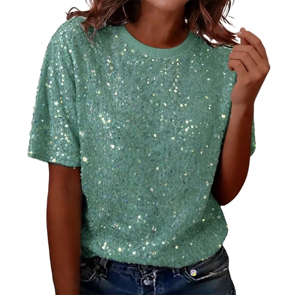 IWRICH Women's Full Sequin Sparkle Tops Shimmer Glitter Crew Neck Short Sleeve Shirts Disco Party Tee Shirts Tunic Blouse Green One Size