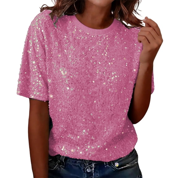 IWRICH Women's Full Sequin Sparkle Tops Shimmer Glitter Crew Neck Short Sleeve Shirts Disco Party Tee Shirts Tunic Blouse Pink One Size
