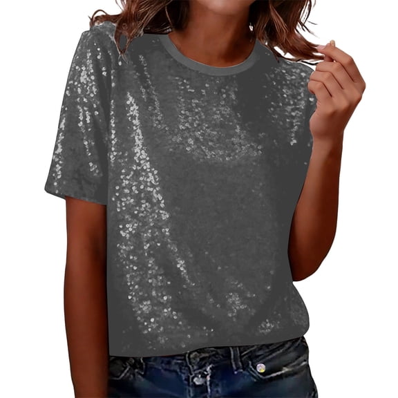 IWRICH Women's Full Sequin Sparkle Tops Shimmer Glitter Crew Neck Short Sleeve Shirts Disco Party Tee Shirts Tunic Blouse Silver One Size