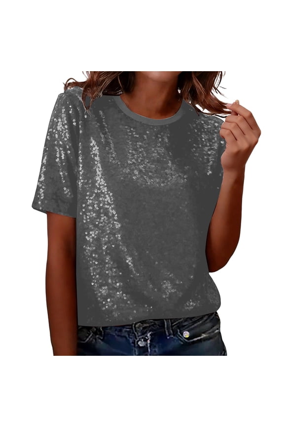 Women's Full Sequin Sparkle Tops Shimmer Glitter Crew Neck Short Sleeve Shirts Disco Party Tee Shirts Tunic Blouse Silver One Size