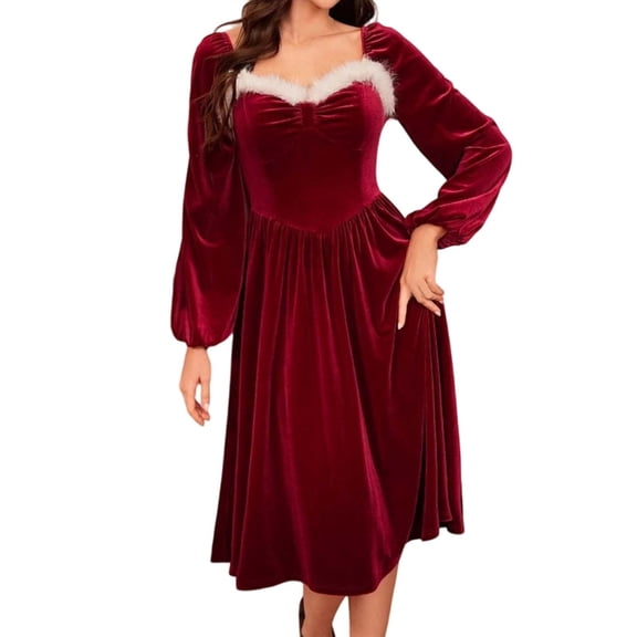 IWRICH Women's Trim Square Neck Velvet Dresses Elegant Swing Wedding Guest Christmas Party Midi Dress Red S