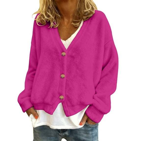 IWRICH Women's Fuzzy Knit Sweaters Cardigan Fall Winter Button down Open Front Casual Solid Color Cropped Sweaters Hot Pink XXL