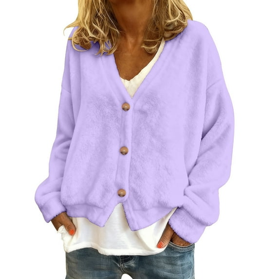 IWRICH Women's Fuzzy Knit Sweaters Cardigan Fall Winter Button down Open Front Casual Solid Color Cropped Sweaters Purple XL