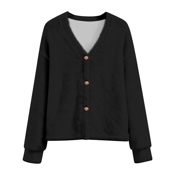 IWRICH Women's Fuzzy Sweaters Cardigan V-Neck Button down Oversized Mohair Sweater Casual 20s Fall Winter Coats Black L