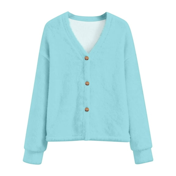 IWRICH Women's Fuzzy Sweaters Cardigan V-Neck Button down Oversized Mohair Sweater Casual 20s Fall Winter Coats Light Blue L