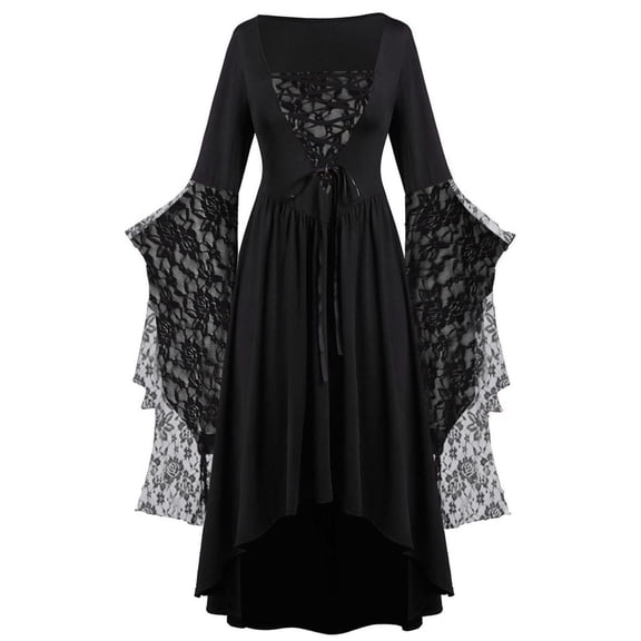 IWRICH Women's Halloween Witch Dresses Plus Size Lace up Corset Butterfly Sleeve Gown Lace Mesh Gothic Party Renaissance Outfits Dark Gray S