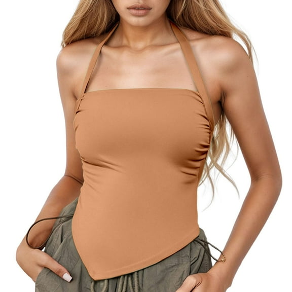 IWRICH Women's Halter Sports Bra Workout Tops Wirefree Sleeveless Gym Yoga Tank Tops Casual Crop Orange L