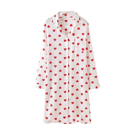 IWRICH Women's Heart Print Nightdress Long Sleeve Button down Pajamas Dress with Pocket Red M