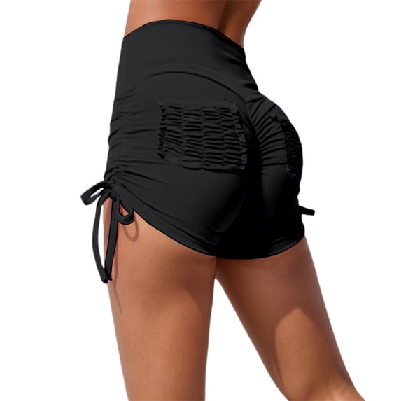IWRICH Women's High Waisted Tie Side Shorts Summer Gym Yoga Hot Shorts Lifting Sports Scrunch Short Pants Black M
