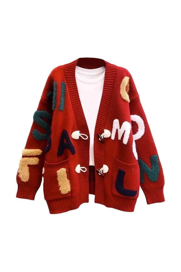 Women’s Kawaii Alpha Embroidered Cardigan Long Sleeve V Neck Button up Sweater Tops Red One Size