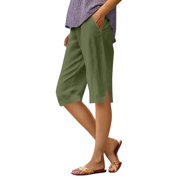 IWRICH Women's Knee Length Linen Shorts with Drawstring Elastic Waist Summer Casual Gym Shorts with Pockets Green XXL