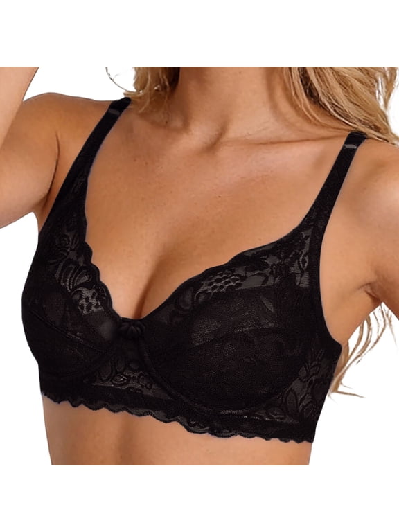 Women's Lace Bra Sheer Underwire Unlined Plunge Everyday Bras Full Coverage Bralettes Black 80B