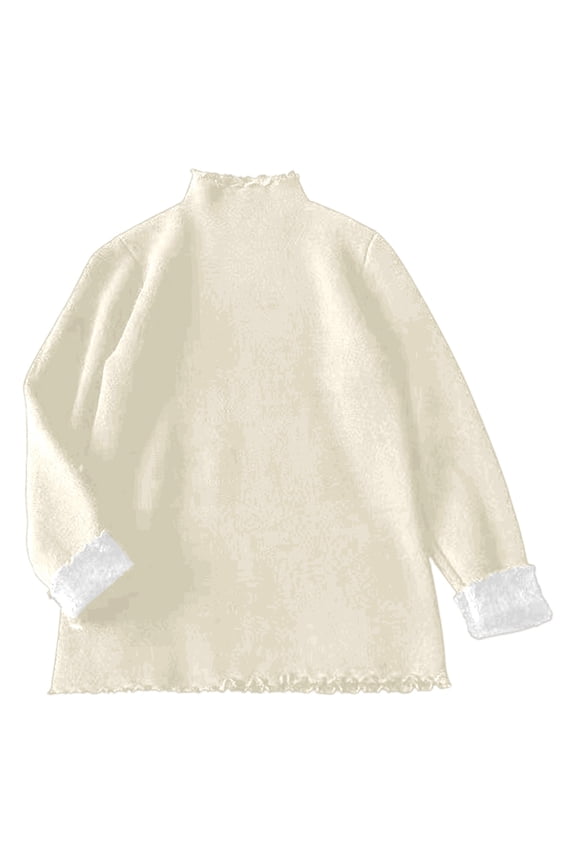 Women's Lettuce Edge Trim Mock Neck Long Sleeve Slim Fit T-Shirt Tops Fleece Lined Knit Tee Beige XXXL