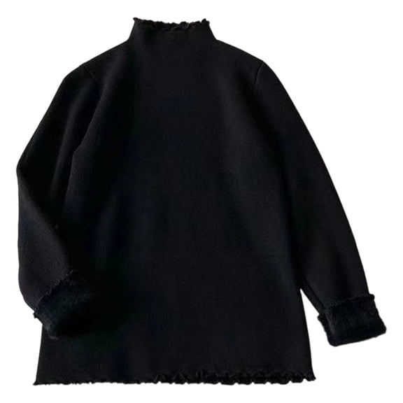 IWRICH Women's Lettuce Edge Trim Neck Long Sleeve Slim Fit T-Shirt Tops Lined Knit Tee Black S