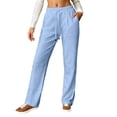 thumbnail image 1 of IWRICH Women's Linen Pants High Waisted Wide Leg Straight Fall Casual Loose Trousers with Pockets Light Blue L, 1 of 5