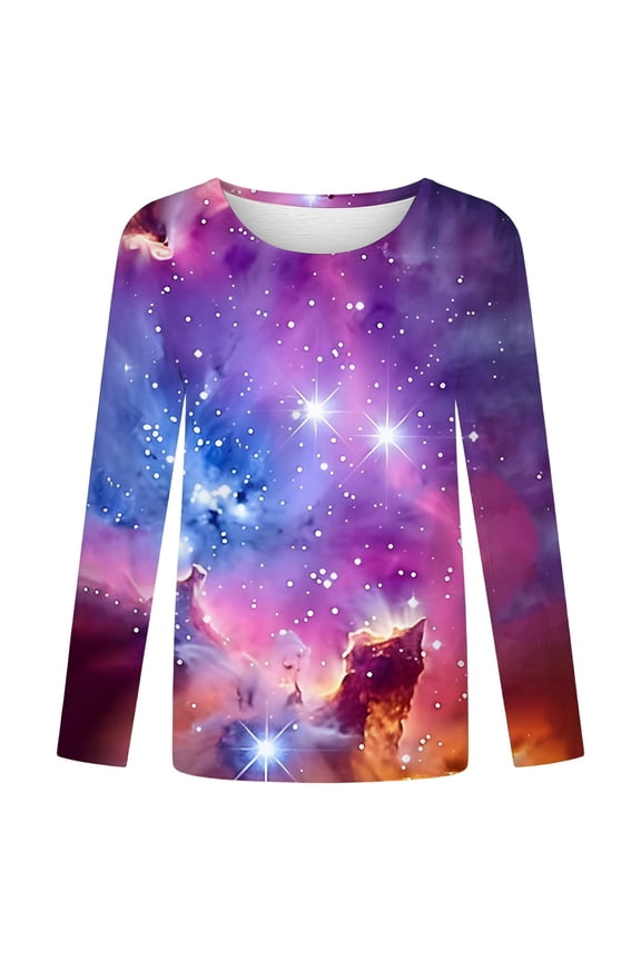 Women's Long Sleeve Crew Neck T Shirts Space Printed Tees Causal Fashion Rave Clothes 02-Purple XXL