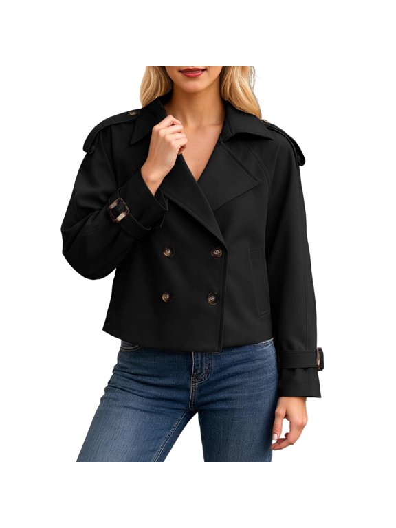 Women's Long Sleeve Crop Trench Coat Lapel Double Loose Casual Jacket with Pockets Black L