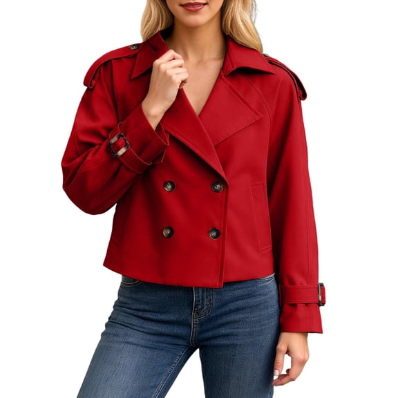 IWRICH Women's Long Sleeve Crop Trench Coat Lapel Double Loose Casual Jacket with Pockets Red L
