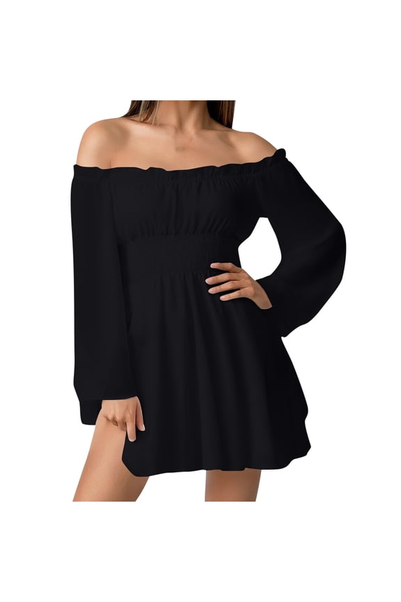 Women's Long Sleeve Romper off Shoulder Ruffle Dress with Shorts Flowy Dresses Black XXL