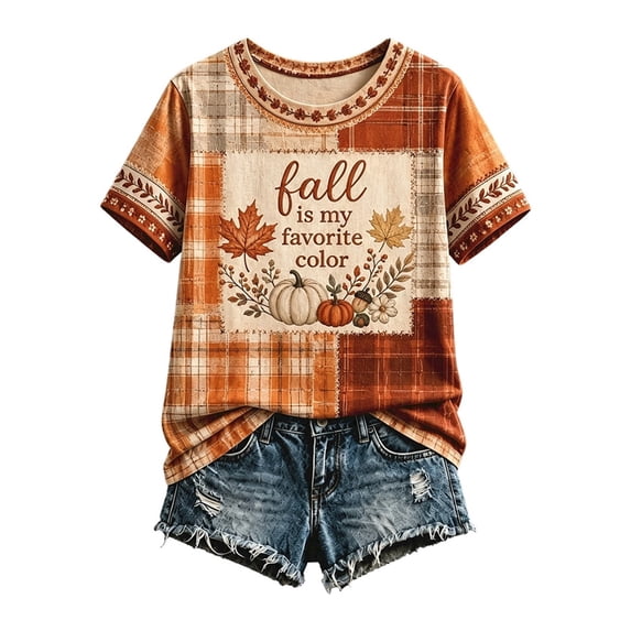 IWRICH Women's Maple Leaf Printed Short Sleeve T Shirts Casual Loose Fit Crew Neck Tops Fall Stylish Tees