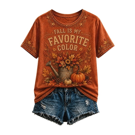 IWRICH Women's Maple Leaf Printed Short Sleeve T Shirts Casual Loose Fit Crew Neck Tops Fall Stylish Tees