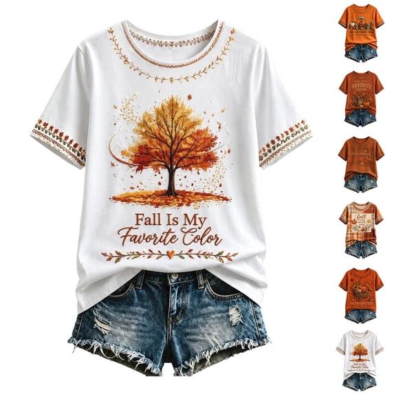IWRICH Women's Maple Leaf Printed Short Sleeve T Shirts Casual Loose Fit Crew Neck Tops Fall Stylish Tees