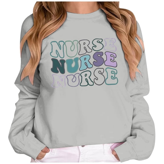 IWRICH Women's Nurse Sweatshirt Registered Nurse Pullover Shirts Nurse Life Letter Print Shirt Nursing School Long Sleeve Tees Grey S