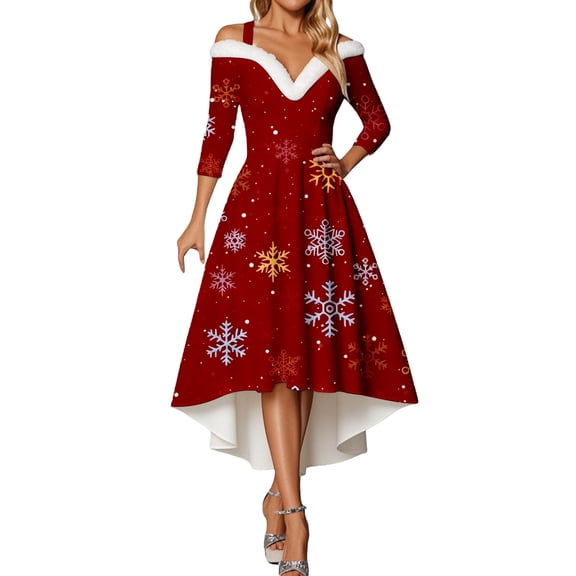 IWRICH Women's Off Shoulder Christmas Dresses Warm Shaggy V Neck Dress Xmas Tree Snowflake Graphic High Low Cocktail Skirts 2025 Wine L