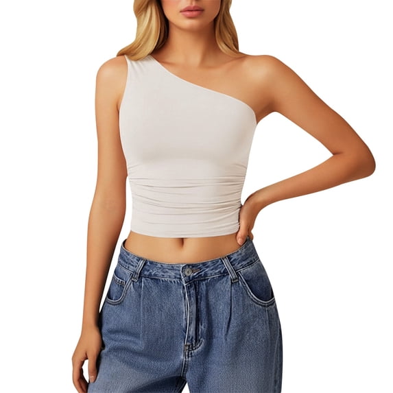 IWRICH Women's One Shoulder Tank Tops Stylish Sleeveless Slim Fit Cropped Tee Shirt Summer Tops White XS