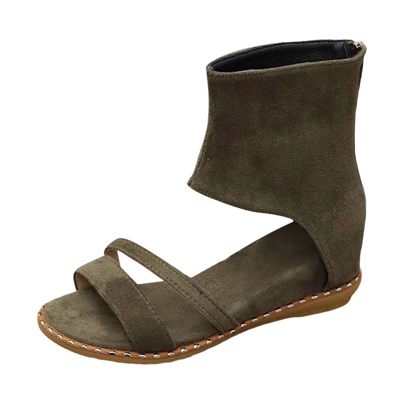 Women's Open Toe Wedge Strappy Boots Suede No Heel Sandals Zip up Ankle Booties Designer Flats Footwear Green 9.5