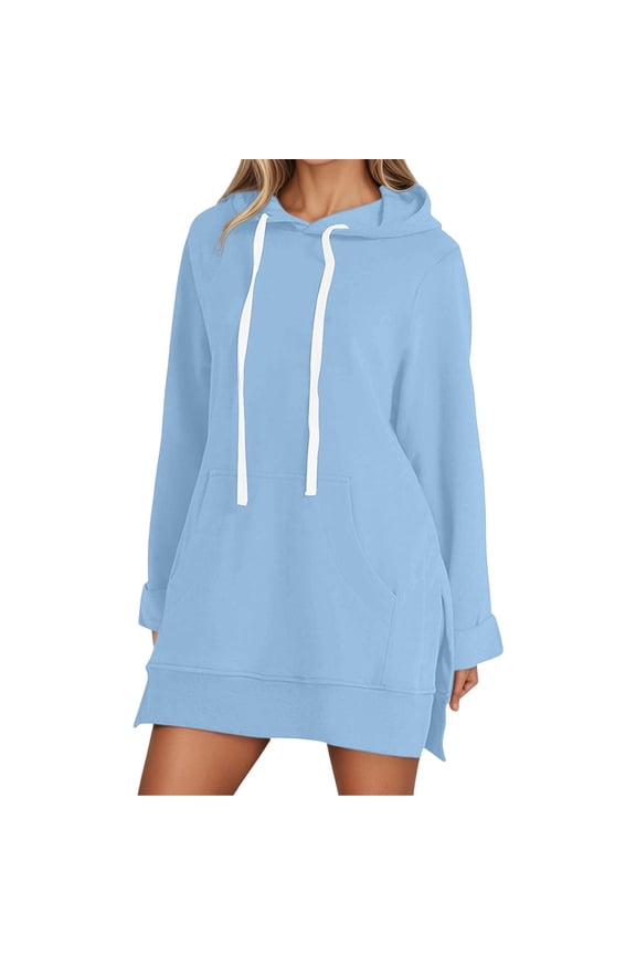 Women's Oversized Hoodie Dress Warmy Casual Pullover Tops Split Hem Drawstring Long Sweatshirt with Pocket Blue XXL