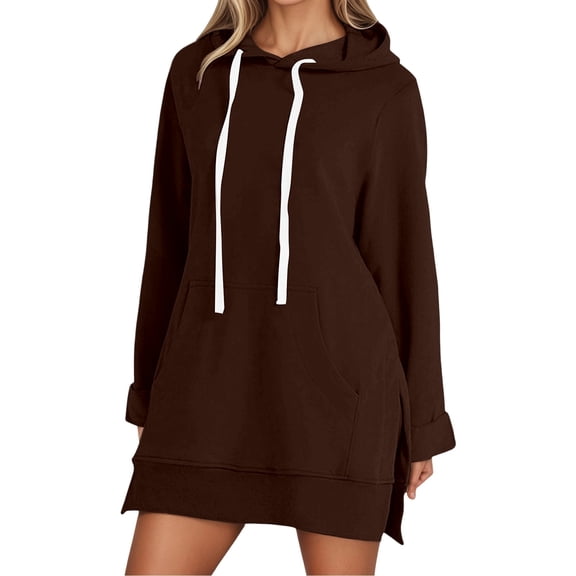 IWRICH Women's Oversized Hoodie Dress Warmy Casual Pullover Tops Split Hem Drawstring Long Sweatshirt with Pocket Brown XL