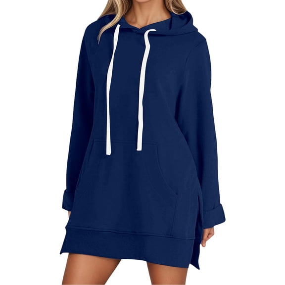 IWRICH Women's Oversized Hoodie Dress Warmy Casual Pullover Tops Split Hem Drawstring Long Sweatshirt with Pocket Navy XXXL