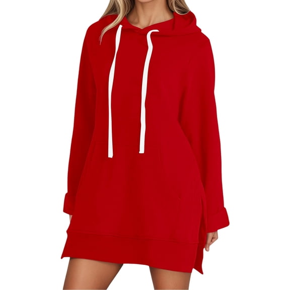 IWRICH Women's Oversized Hoodie Dress Warmy Casual Pullover Tops Split Hem Drawstring Long Sweatshirt with Pocket RD1 L