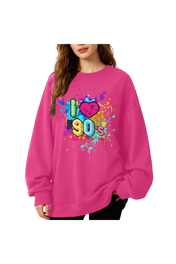 Women's Oversized Sweatshirt 90s Outfit Shirt I Love the T Shirt for Girls Birthday Party Long Sleeve Tops Red 160