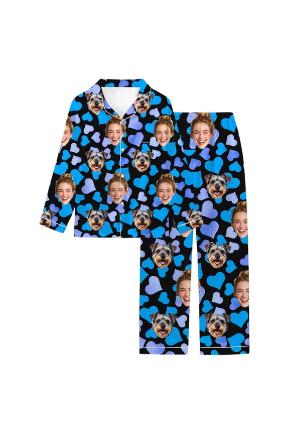 Women's Personalized Custom DIY Valentine's Day Pajamas Sets Button down Long Sleeve Tops Long Pants 2 Piece Casual Homewear Sets Blue XXL