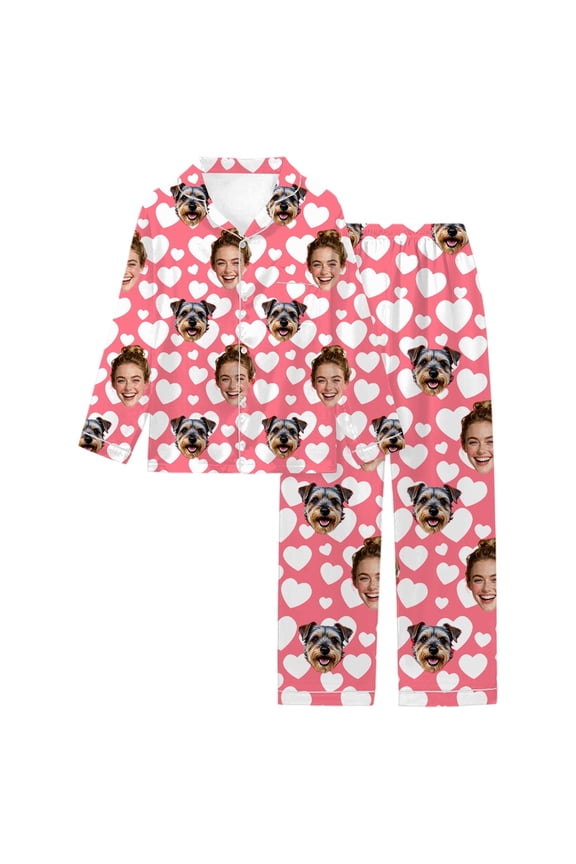 Women's Personalized Custom DIY Valentine's Day Pajamas Sets Button down Long Sleeve Tops Long Pants 2 Piece Casual Sleepwear Sets Pink XXL