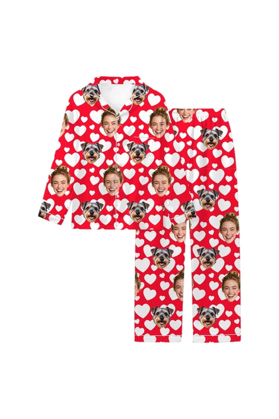 Women's Personalized Custom DIY Valentine's Day Pajamas Sets Button down Long Sleeve Tops Long Pants 2 Piece Casual Sleepwear Sets Red XXL