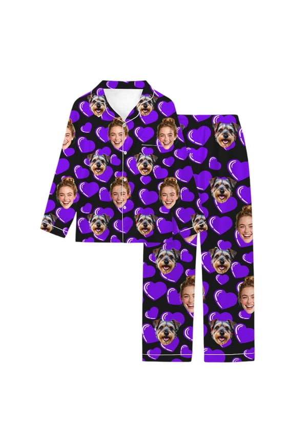 Women's Personalized Custom Picture Valentine's Day Pajamas Sets Button down Long Sleeve Tops Long Pants 2 Piece Casual Homewear Sets Purple XXL