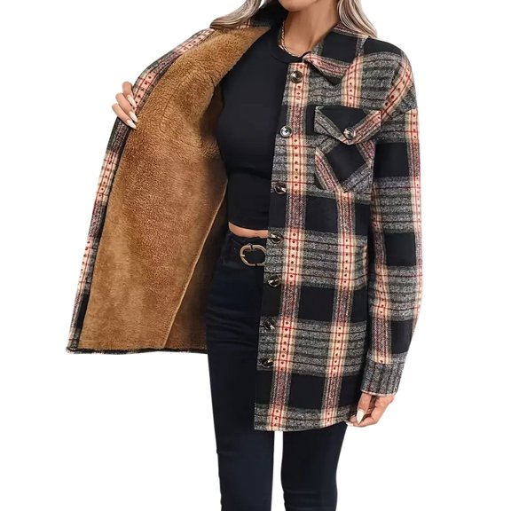 IWRICH Women's Plaid Button down Jacket Casual Warm Fleece Lined Cardigan Long Open Front Sherpa Coat Outwear Black S