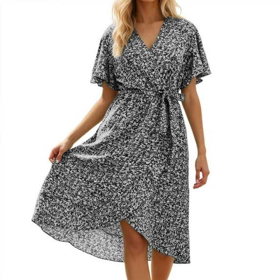 IWRICH Women's Plus Size Maxi Dress Short Sleeve Wrap V Neck High Low Split Ruffle Long Dress Black XXXL