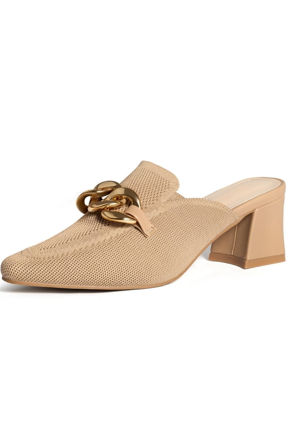 Women's Pointed Toe Heeled Mules Knit Stretchy Pointed Toe Heels Sandals on Dress Pumps Sandals Slides for Business and Daily Wear Beige 5.5