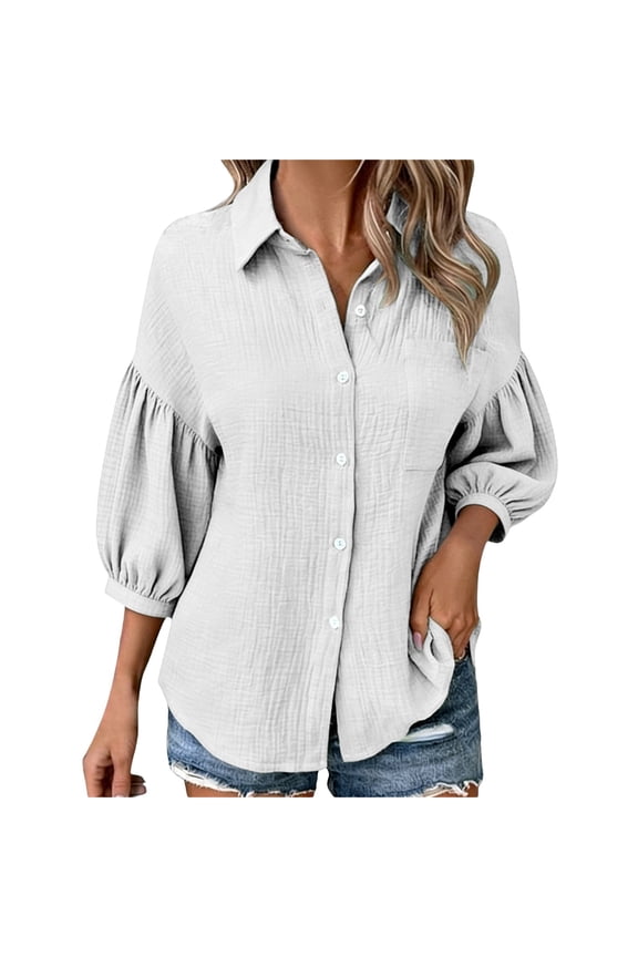 Women's Puff 3/4 Sleeve Linen Shirts Button down Textured Blouse Casual Summer Cozy Soft Classic T Shirts White XXL